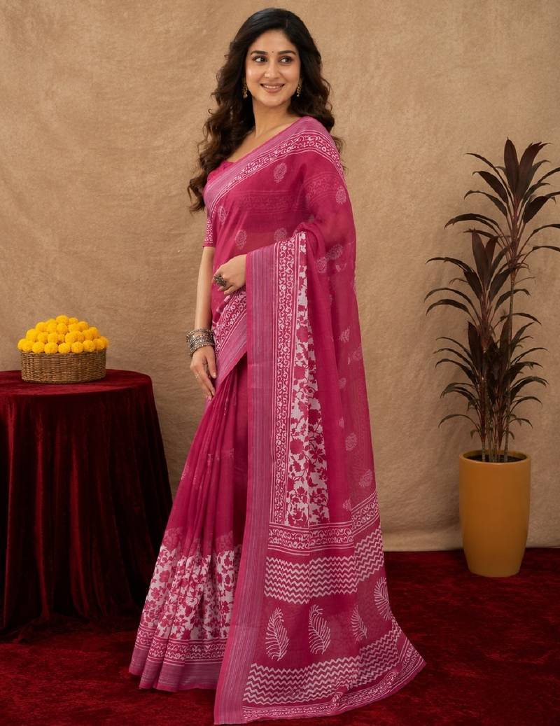 rani pink lilen print work 1 minute ready to wear saree with unstitched blouse piece