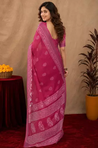 rani pink lilen print work 1 minute ready to wear saree with unstitched blouse piece
