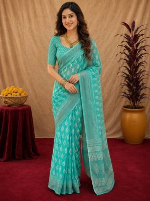 aqua lilen print work 1 minute ready to wear saree with unstitched blouse piece 1