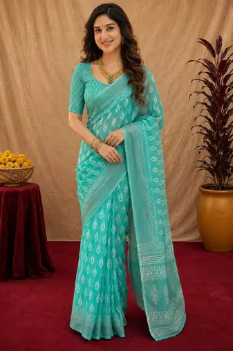 aqua lilen print work 1 minute ready to wear saree with unstitched blouse piece