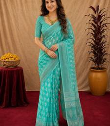 aqua lilen print work 1 minute ready to wear saree with unstitched blouse piece