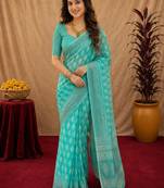 aqua lilen print work 1 minute ready to wear saree with unstitched blouse piece