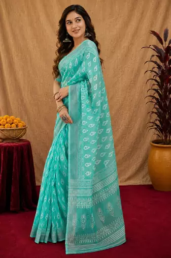 aqua lilen print work 1 minute ready to wear saree with unstitched blouse piece