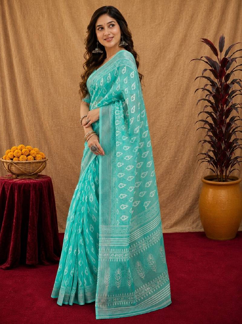 aqua lilen print work 1 minute ready to wear saree with unstitched blouse piece
