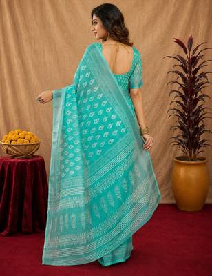 aqua lilen print work 1 minute ready to wear saree with unstitched blouse piece 3