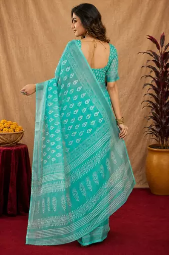 aqua lilen print work 1 minute ready to wear saree with unstitched blouse piece