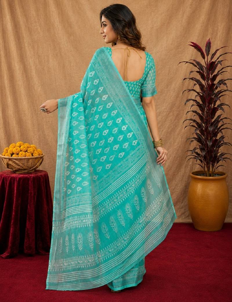 aqua lilen print work 1 minute ready to wear saree with unstitched blouse piece