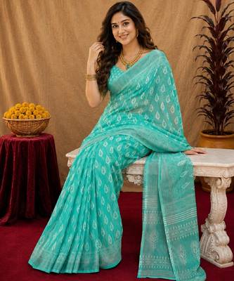 aqua lilen print work 1 minute ready to wear saree with unstitched blouse piece 4