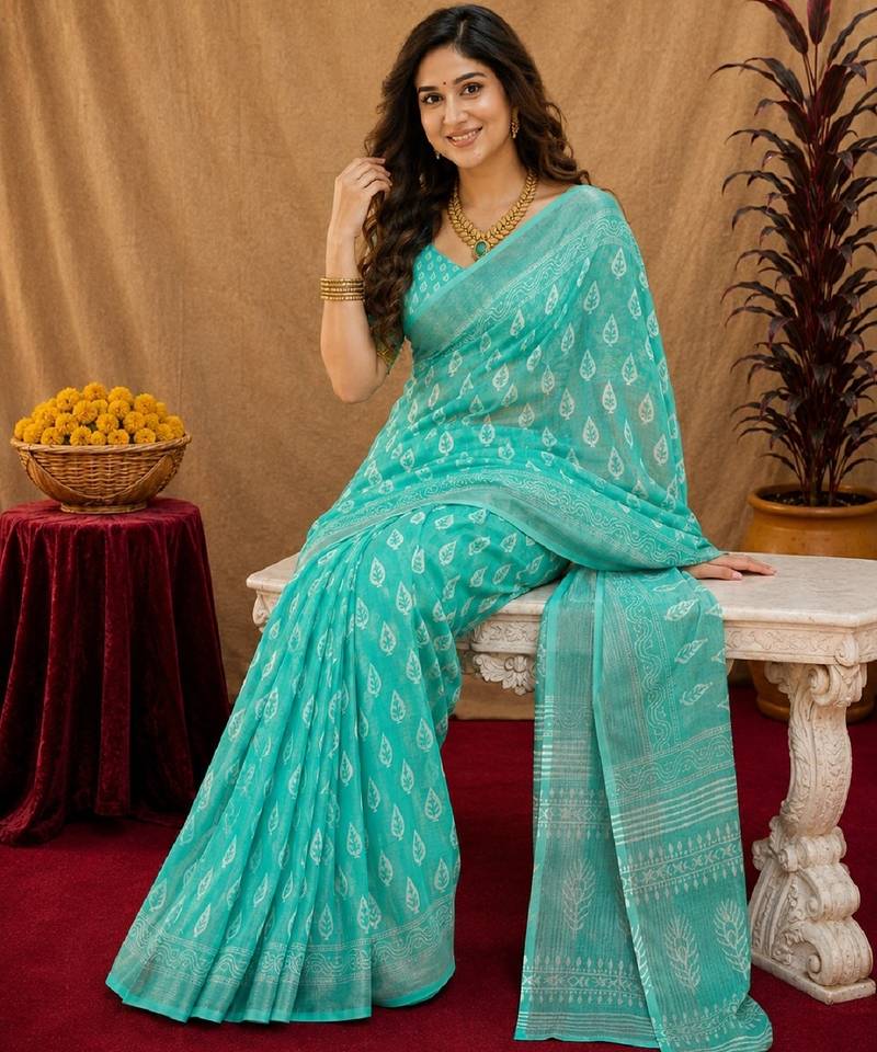 aqua lilen print work 1 minute ready to wear saree with unstitched blouse piece