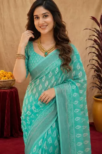 aqua lilen print work 1 minute ready to wear saree with unstitched blouse piece