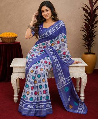 white blue lilen print work 1 minute ready to wear saree with unstitched blouse piece 1