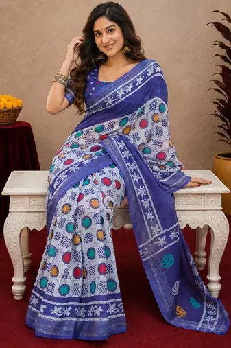 white blue lilen print work 1 minute ready to wear saree with unstitched blouse piece