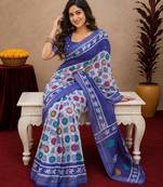 white blue lilen print work 1 minute ready to wear saree with unstitched blouse piece