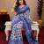 white blue lilen print work 1 minute ready to wear saree with unstitched blouse piece