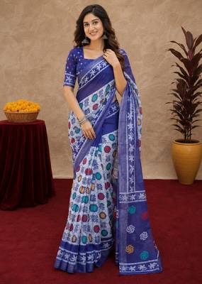 white blue lilen print work 1 minute ready to wear saree with unstitched blouse piece 2