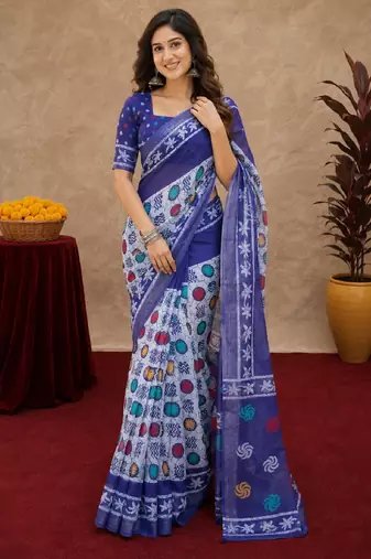white blue lilen print work 1 minute ready to wear saree with unstitched blouse piece