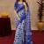 white blue lilen print work 1 minute ready to wear saree with unstitched blouse piece