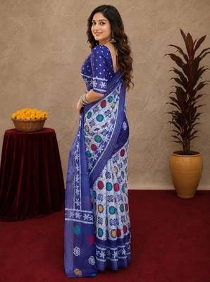 white blue lilen print work 1 minute ready to wear saree with unstitched blouse piece 3
