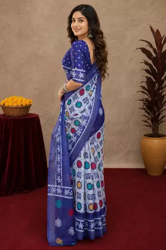 white blue lilen print work 1 minute ready to wear saree with unstitched blouse piece