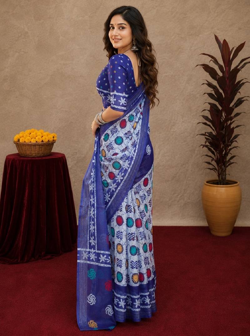 white blue lilen print work 1 minute ready to wear saree with unstitched blouse piece
