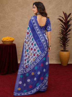 white blue lilen print work 1 minute ready to wear saree with unstitched blouse piece 4