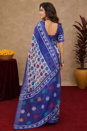 white blue lilen print work 1 minute ready to wear saree with unstitched blouse piece