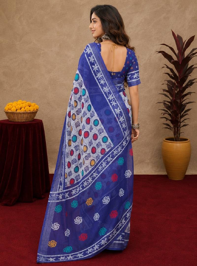 white blue lilen print work 1 minute ready to wear saree with unstitched blouse piece