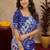 white blue lilen print work 1 minute ready to wear saree with unstitched blouse piece