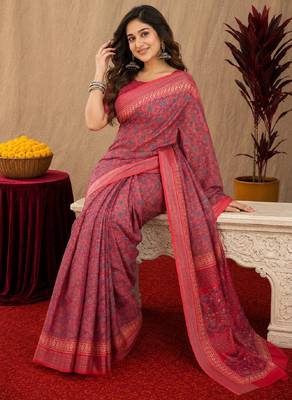 pink red lilen print work 1 minute ready to wear saree with unstitched blouse piece 1