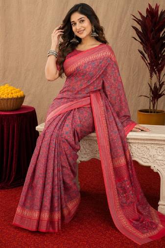 pink red lilen print work 1 minute ready to wear saree with unstitched blouse piece