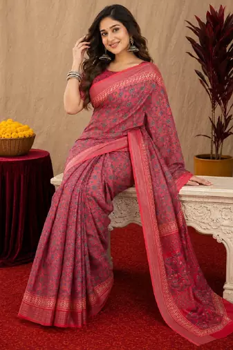 pink red lilen print work 1 minute ready to wear saree with unstitched blouse piece
