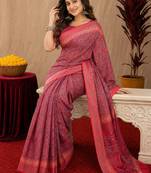pink red lilen print work 1 minute ready to wear saree with unstitched blouse piece