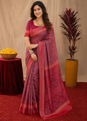 pink red lilen print work 1 minute ready to wear saree with unstitched blouse piece 2