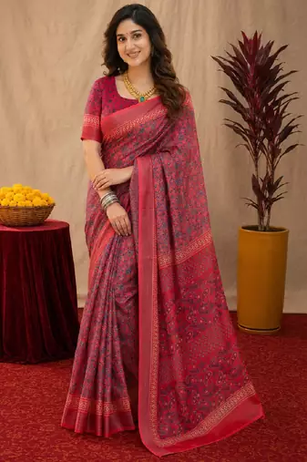 pink red lilen print work 1 minute ready to wear saree with unstitched blouse piece
