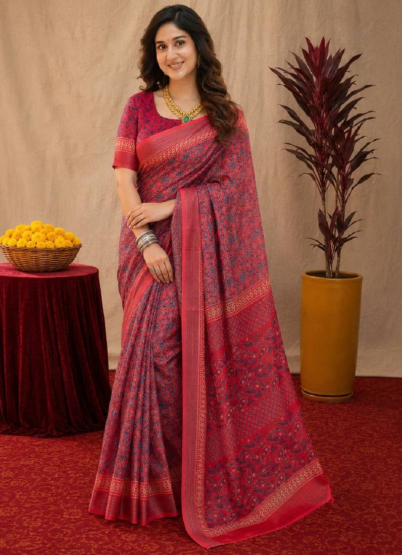 pink red lilen print work 1 minute ready to wear saree with unstitched blouse piece