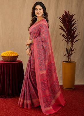 pink red lilen print work 1 minute ready to wear saree with unstitched blouse piece 3