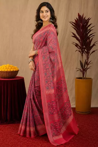 pink red lilen print work 1 minute ready to wear saree with unstitched blouse piece