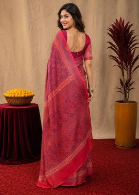pink red lilen print work 1 minute ready to wear saree with unstitched blouse piece 4