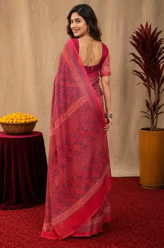 pink red lilen print work 1 minute ready to wear saree with unstitched blouse piece