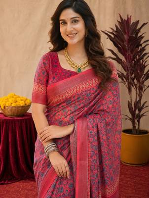 pink red lilen print work 1 minute ready to wear saree with unstitched blouse piece 5