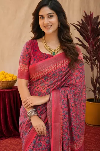 pink red lilen print work 1 minute ready to wear saree with unstitched blouse piece