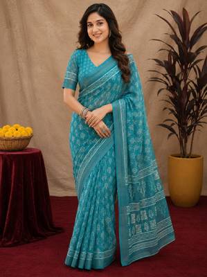 sky blue lilen print work 1 minute ready to wear saree with unstitched blouse piece 1