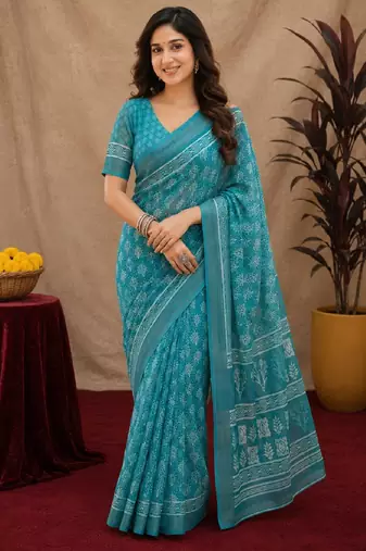sky blue lilen print work 1 minute ready to wear saree with unstitched blouse piece