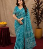 sky blue lilen print work 1 minute ready to wear saree with unstitched blouse piece