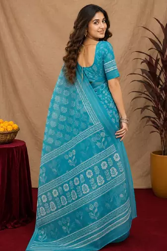 sky blue lilen print work 1 minute ready to wear saree with unstitched blouse piece