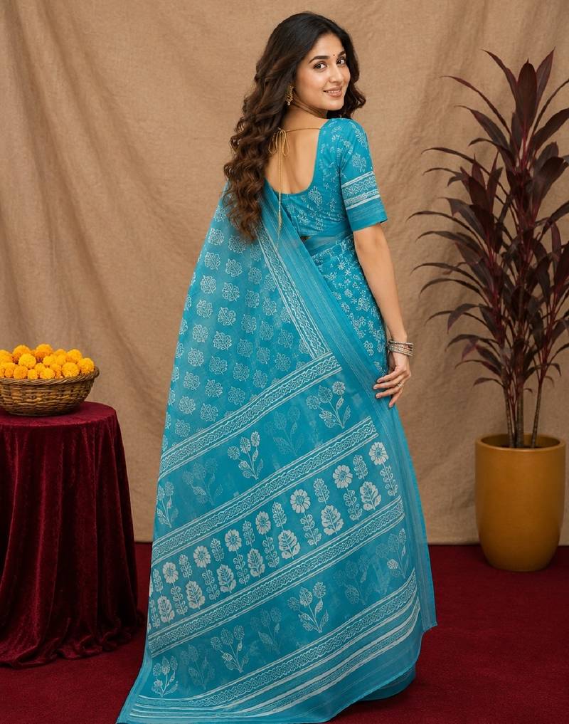 sky blue lilen print work 1 minute ready to wear saree with unstitched blouse piece