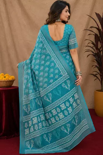 sky blue lilen print work 1 minute ready to wear saree with unstitched blouse piece