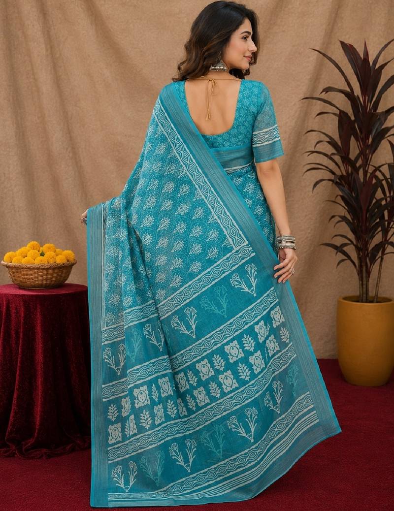 sky blue lilen print work 1 minute ready to wear saree with unstitched blouse piece