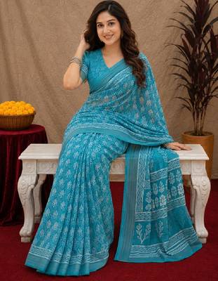 sky blue lilen print work 1 minute ready to wear saree with unstitched blouse piece 4