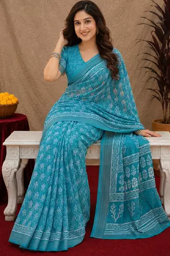 sky blue lilen print work 1 minute ready to wear saree with unstitched blouse piece